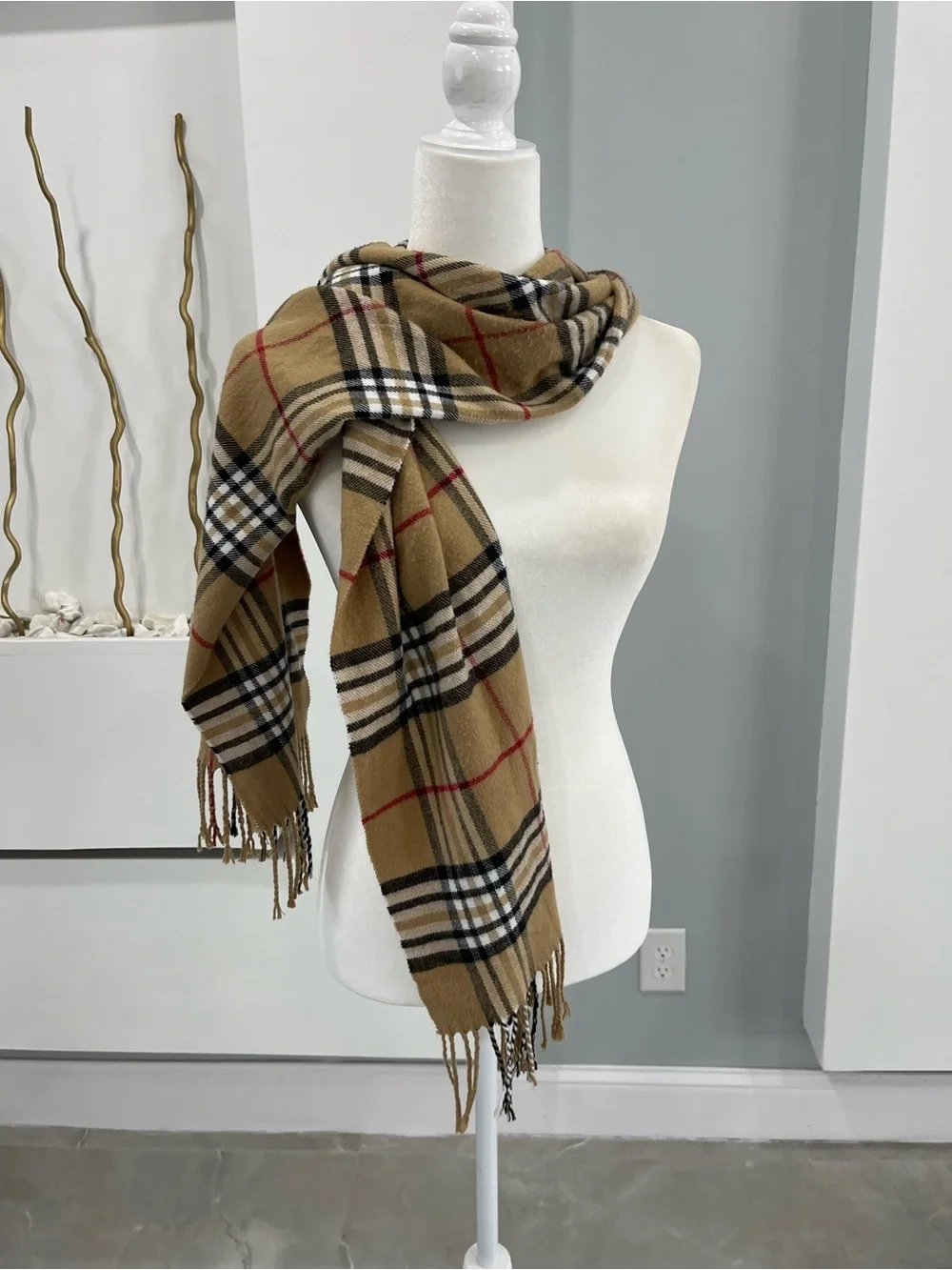 Plaid Tan Fringe Scarf - Women Accessories